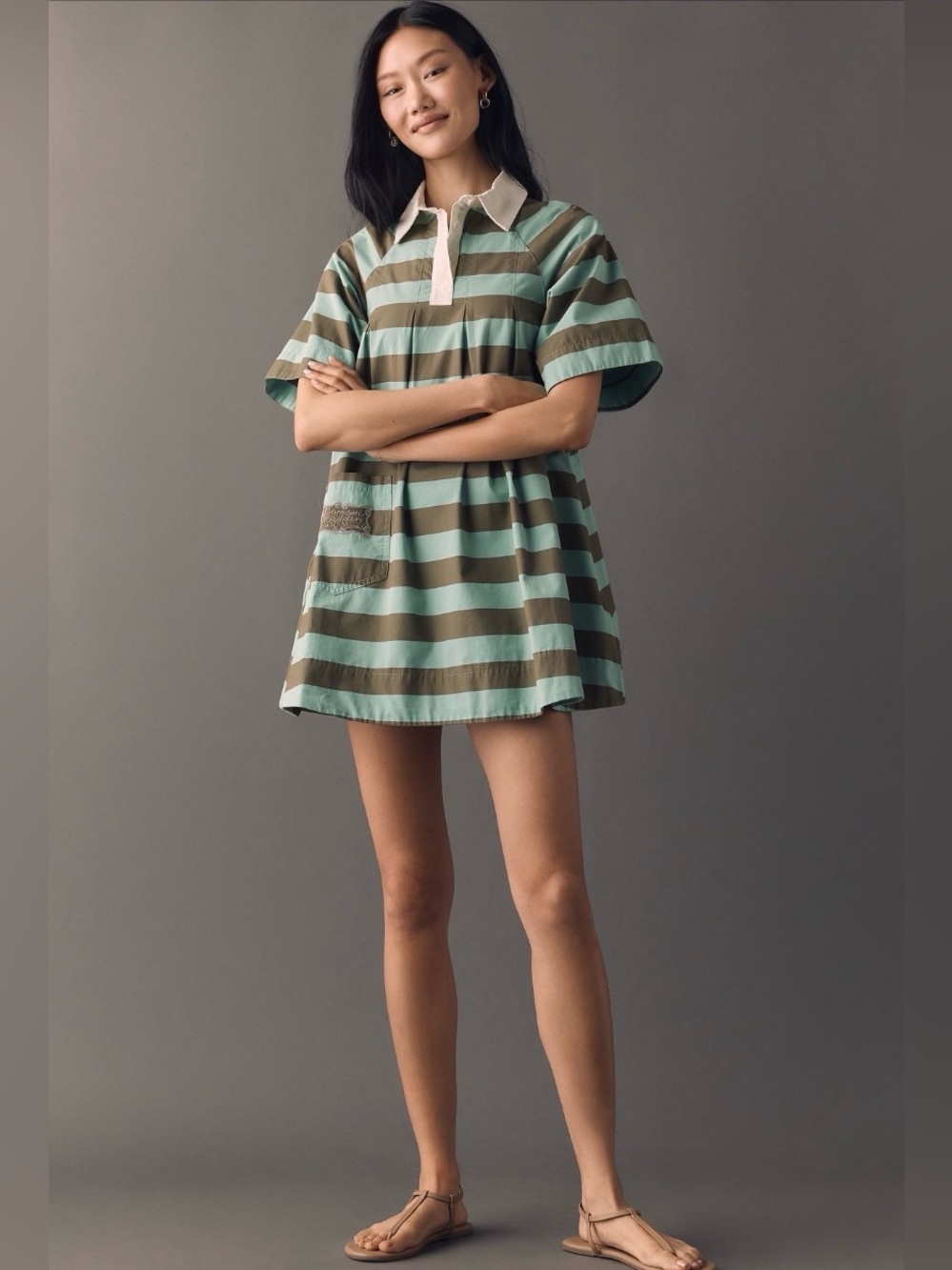 Damson Madder Maggie 100% Cotton Stripe Mini Dress in Green Size US2 NWT